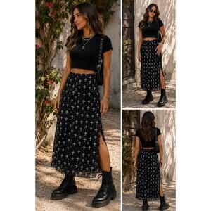Fun & Flirt Blk Cross Print Midi Skirt S Sheer Overlay Gothic Grunge Side Slit